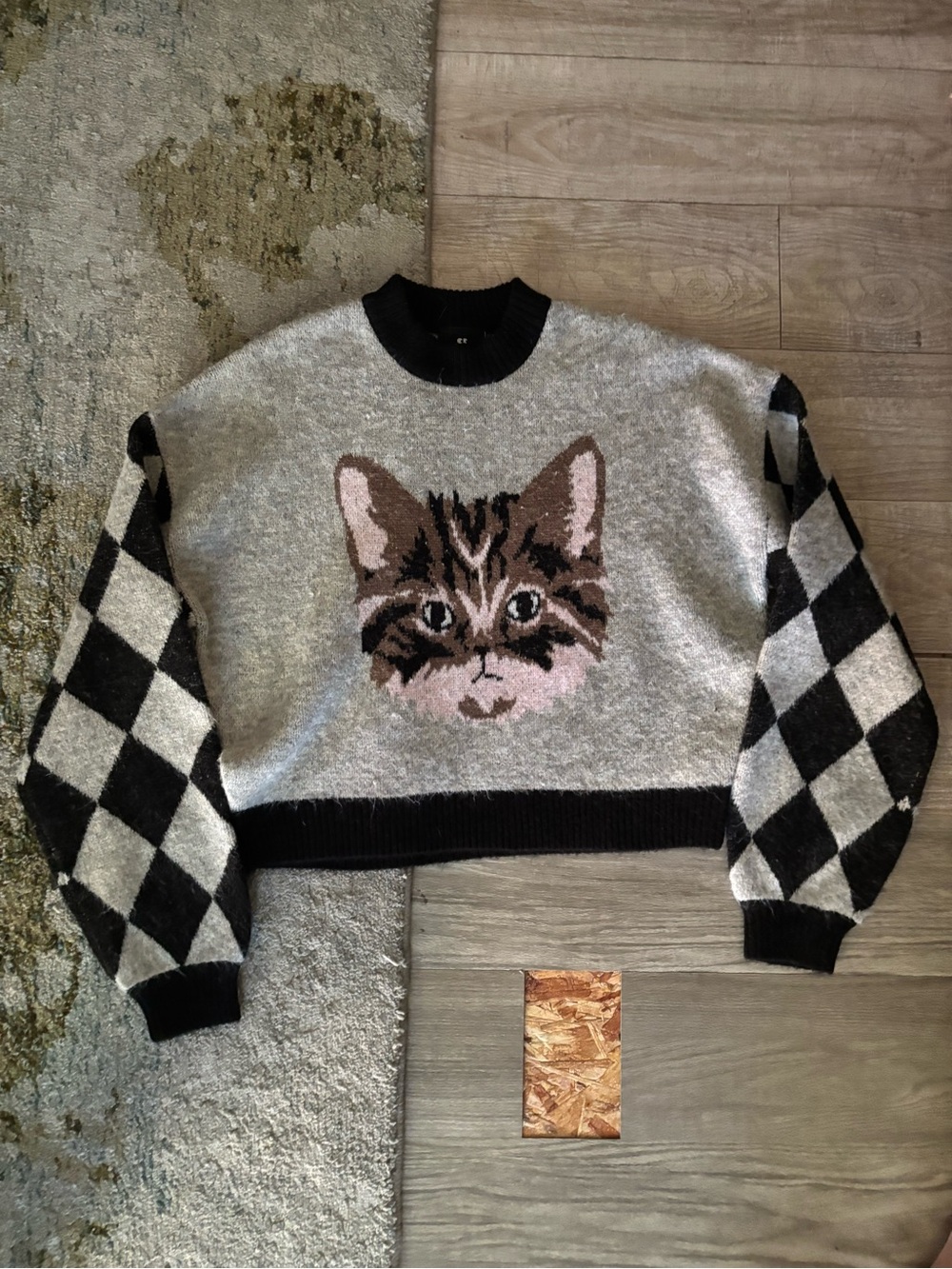 Lazy Oaf Gray and Black Cat Intarsia Cropped Sweater